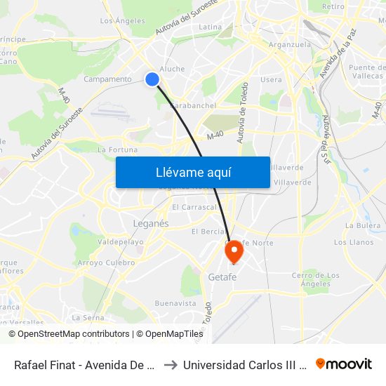 Rafael Finat - Avenida De Las Águilas to Universidad Carlos III De Madrid map