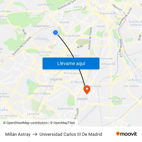 Millán Astray to Universidad Carlos III De Madrid map