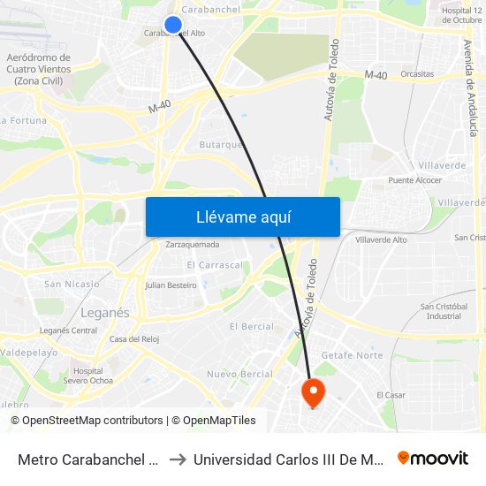 Metro Carabanchel Alto to Universidad Carlos III De Madrid map