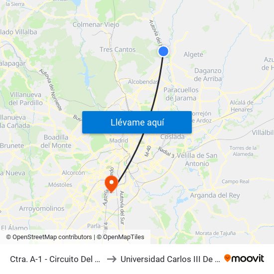 Ctra. A-1 - Circuito Del Jarama to Universidad Carlos III De Madrid map