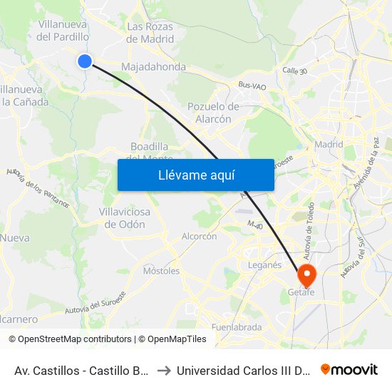 Av. Castillos - Castillo Barcience to Universidad Carlos III De Madrid map