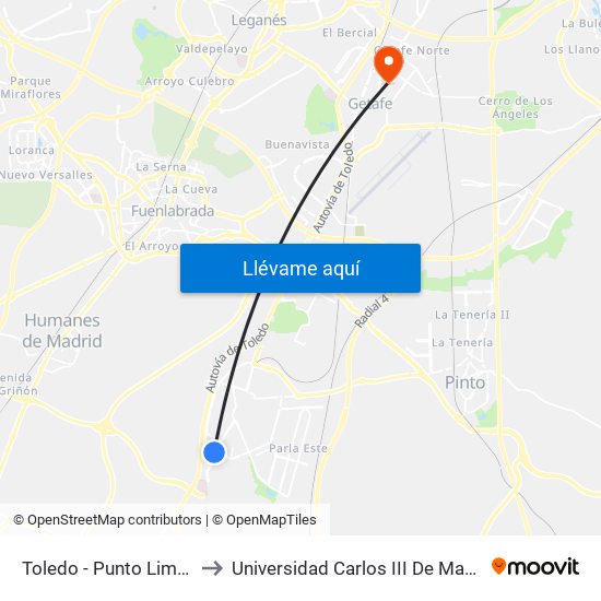 Toledo - Punto Limpio to Universidad Carlos III De Madrid map