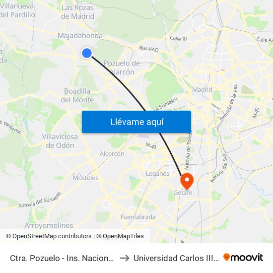 Ctra. Pozuelo - Ins. Nacional De Sanidad to Universidad Carlos III De Madrid map