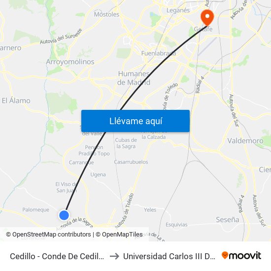 Cedillo - Conde De Cedillo Nº20 to Universidad Carlos III De Madrid map