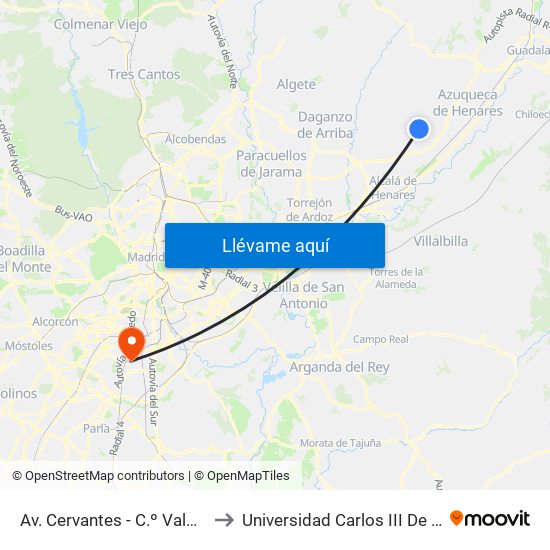 Av. Cervantes - C.º Valdeavero to Universidad Carlos III De Madrid map