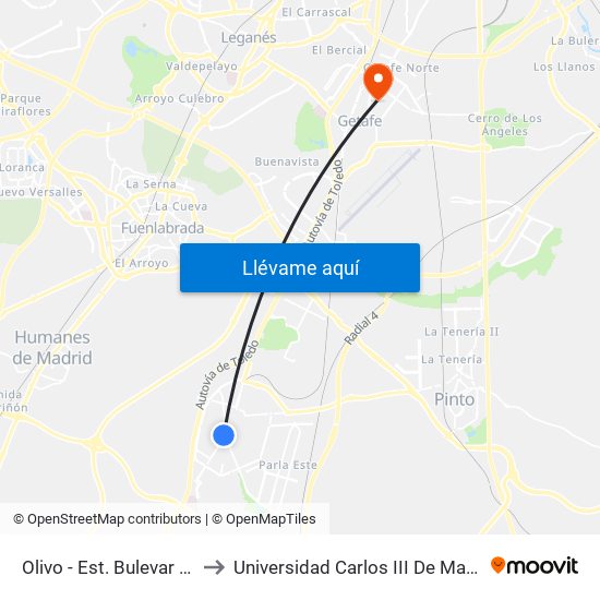 Olivo - Est. Bulevar Sur to Universidad Carlos III De Madrid map