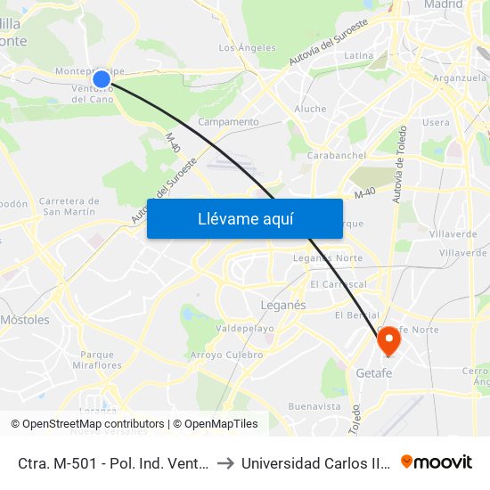 Ctra. M-501 - Pol. Ind. Ventorro Del Cano to Universidad Carlos III De Madrid map