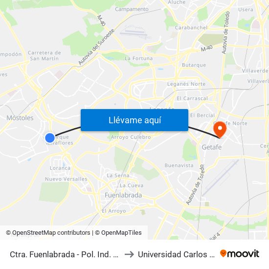 Ctra. Fuenlabrada - Pol. Ind. Prado Regordoño to Universidad Carlos III De Madrid map