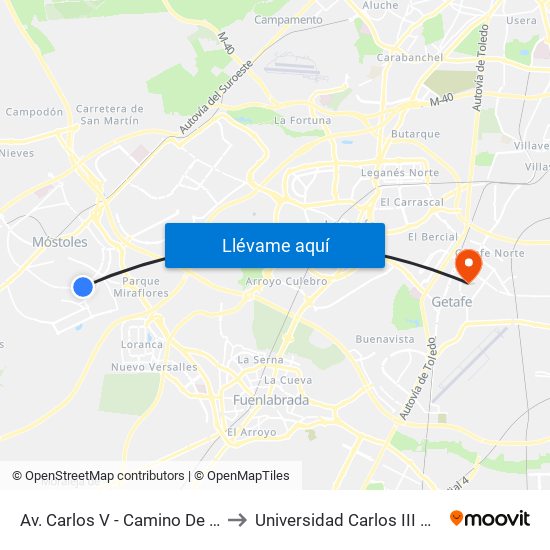 Av. Carlos V - Camino De Humanes to Universidad Carlos III De Madrid map