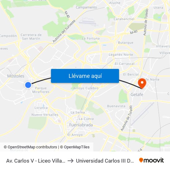 Av. Carlos V - Liceo Villafontana to Universidad Carlos III De Madrid map