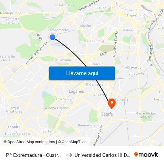 P.º Extremadura - Cuatro Vientos to Universidad Carlos III De Madrid map