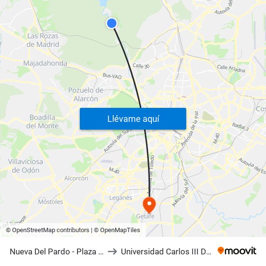 Nueva Del Pardo - Plaza El Pardo to Universidad Carlos III De Madrid map