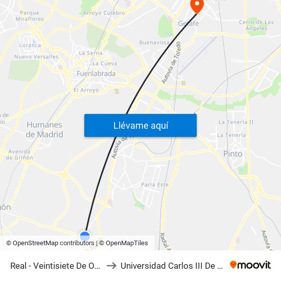 Real - Veintisiete De Octubre to Universidad Carlos III De Madrid map