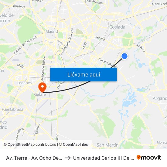 Av. Tierra - Av. Ocho De Marzo to Universidad Carlos III De Madrid map