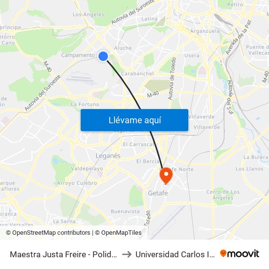 Maestra Justa Freire - Polideportivo Aluche to Universidad Carlos III De Madrid map
