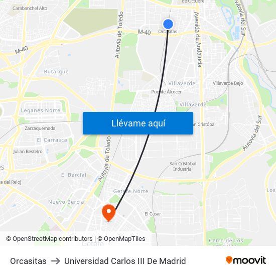 Orcasitas to Universidad Carlos III De Madrid map