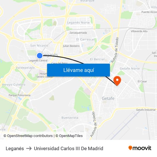 Leganés to Universidad Carlos III De Madrid map