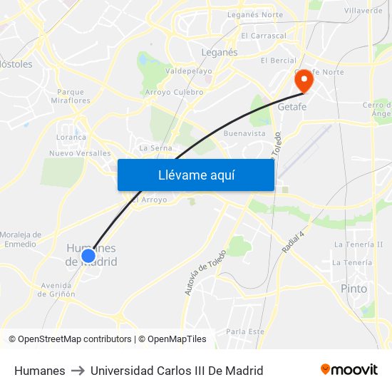 Humanes to Universidad Carlos III De Madrid map