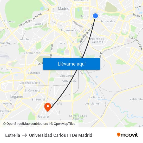 Estrella to Universidad Carlos III De Madrid map