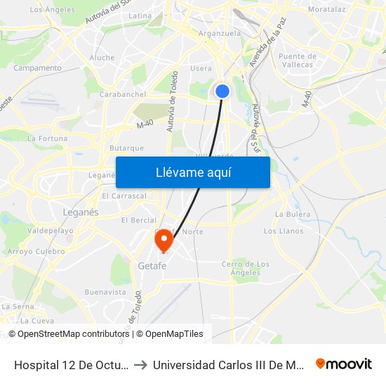 Hospital 12 De Octubre to Universidad Carlos III De Madrid map