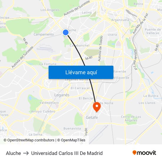 Aluche to Universidad Carlos III De Madrid map