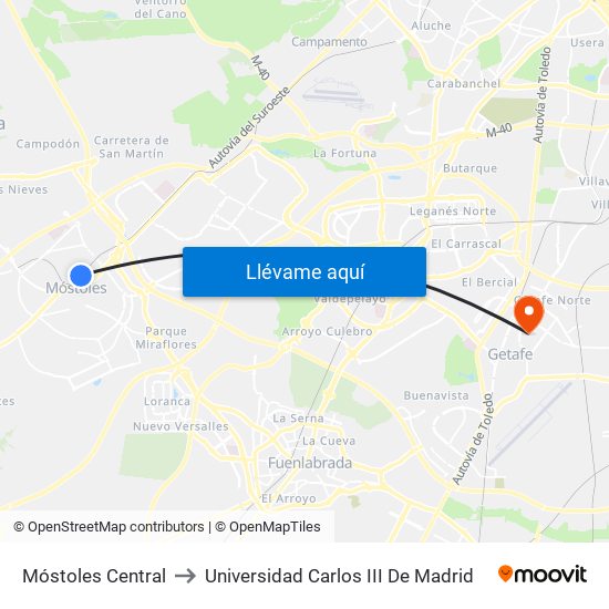 Móstoles Central to Universidad Carlos III De Madrid map