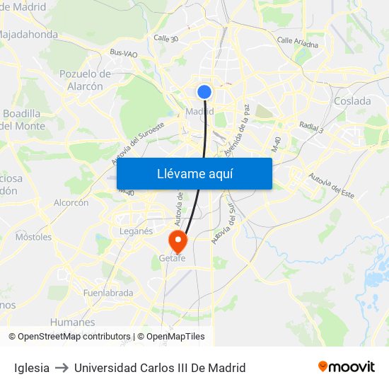 Iglesia to Universidad Carlos III De Madrid map