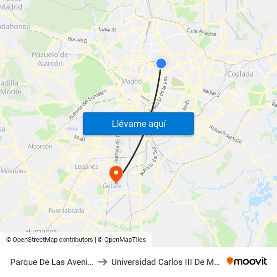 Parque De Las Avenidas to Universidad Carlos III De Madrid map
