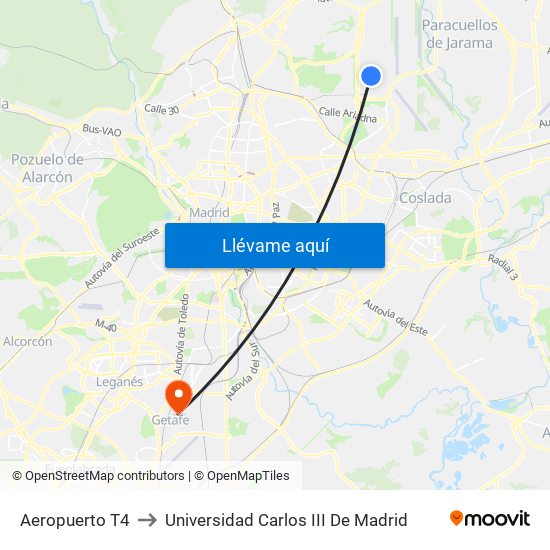 Aeropuerto T4 to Universidad Carlos III De Madrid map