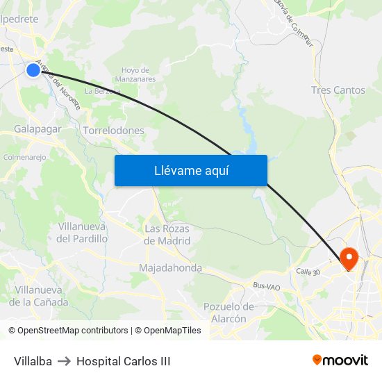 Villalba to Hospital Carlos III map