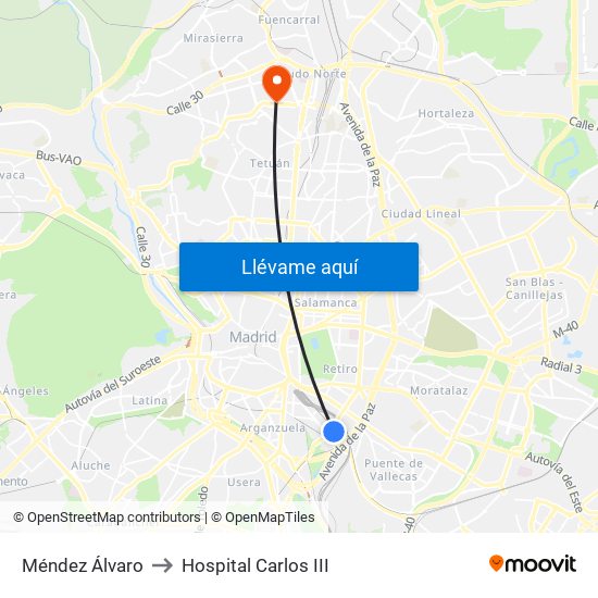 Méndez Álvaro to Hospital Carlos III map