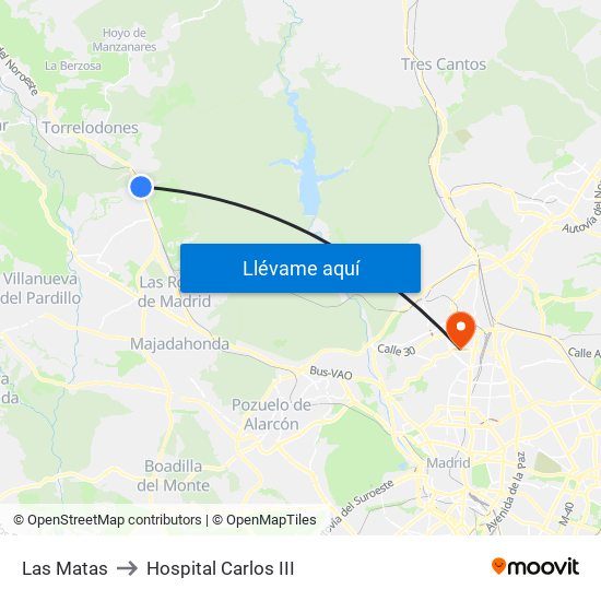 Las Matas to Hospital Carlos III map