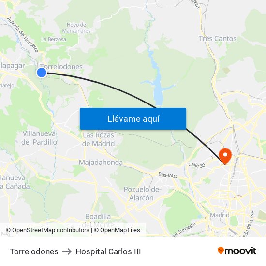 Torrelodones to Hospital Carlos III map