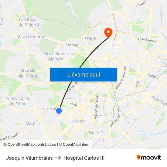 Joaquín Vilumbrales to Hospital Carlos III map