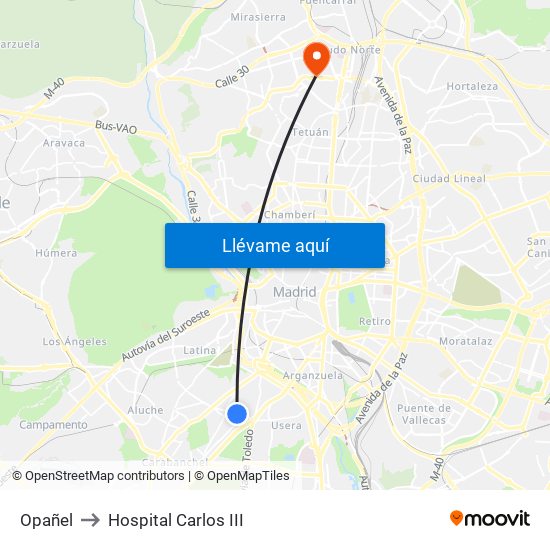 Opañel to Hospital Carlos III map