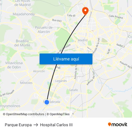 Parque Europa to Hospital Carlos III map