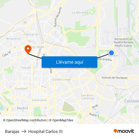 Barajas to Hospital Carlos III map