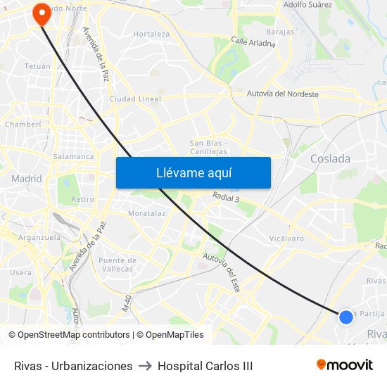 Rivas - Urbanizaciones to Hospital Carlos III map