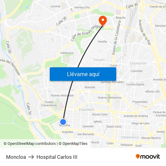 Moncloa to Hospital Carlos III map