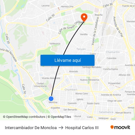 Intercambiador De Moncloa to Hospital Carlos III map