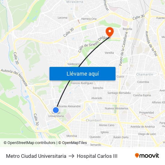 Metro Ciudad Universitaria to Hospital Carlos III map