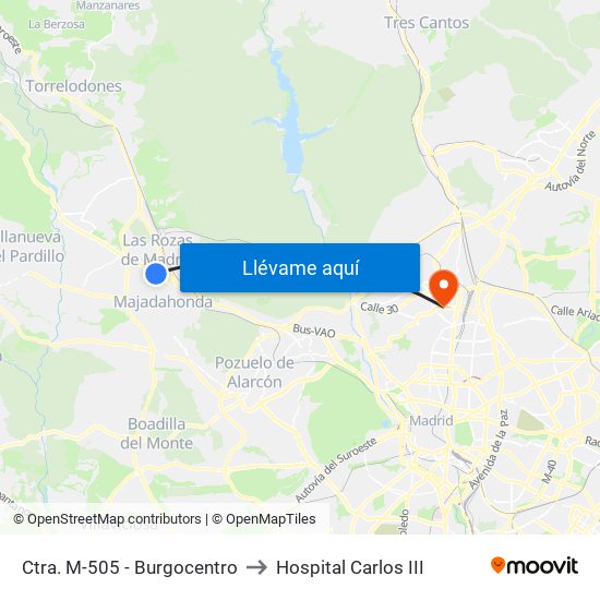 Ctra. M-505 - Burgocentro to Hospital Carlos III map