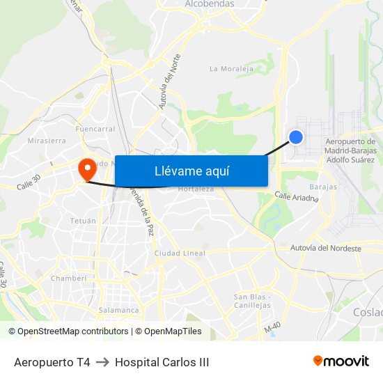 Aeropuerto T4 to Hospital Carlos III map