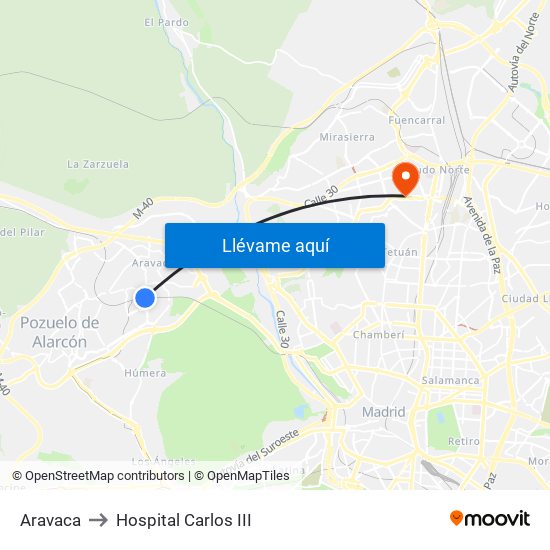 Aravaca to Hospital Carlos III map