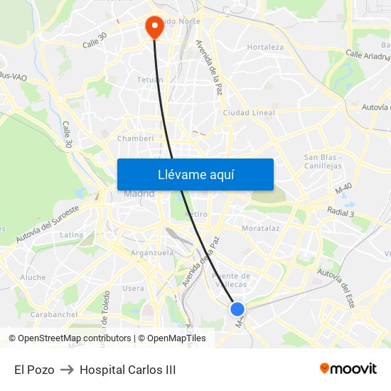 El Pozo to Hospital Carlos III map