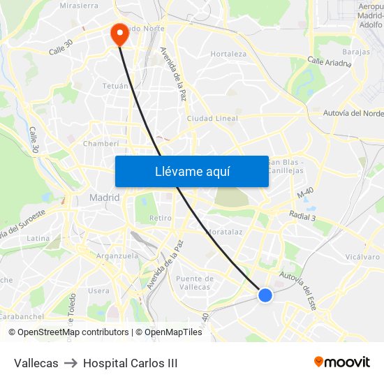 Vallecas to Hospital Carlos III map