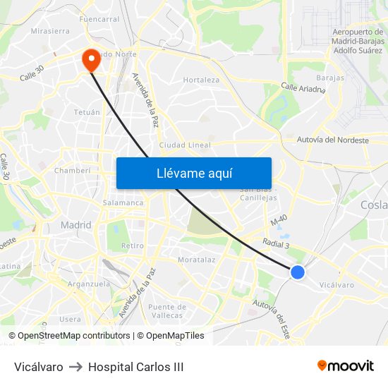 Vicálvaro to Hospital Carlos III map