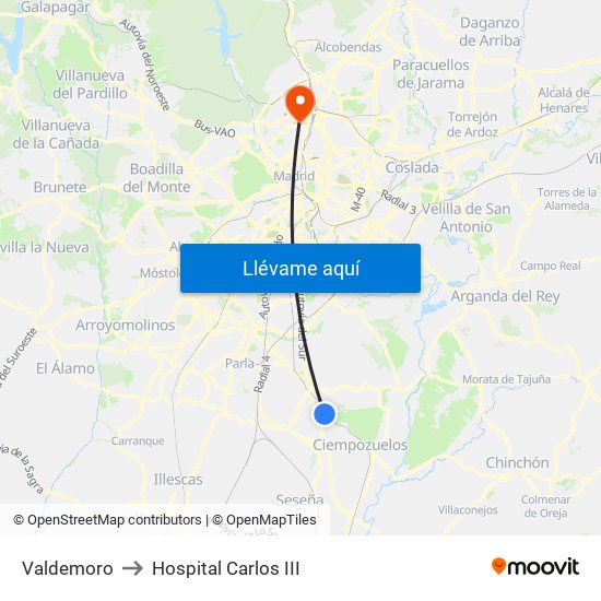 Valdemoro to Hospital Carlos III map
