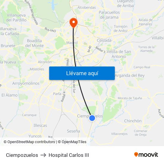 Ciempozuelos to Hospital Carlos III map
