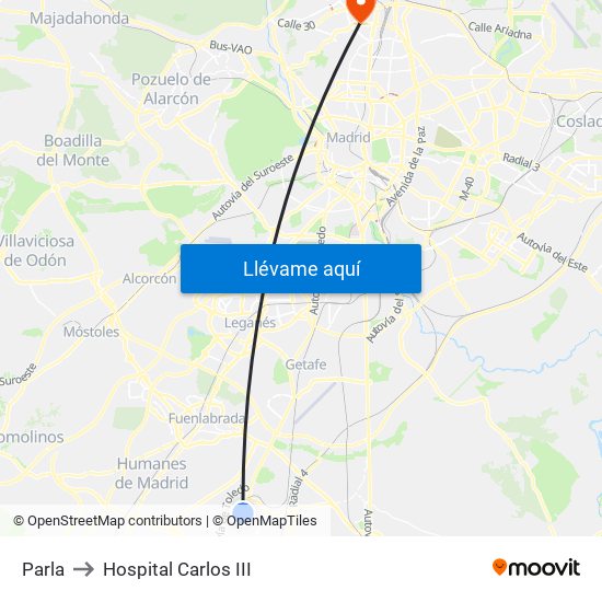 Parla to Hospital Carlos III map